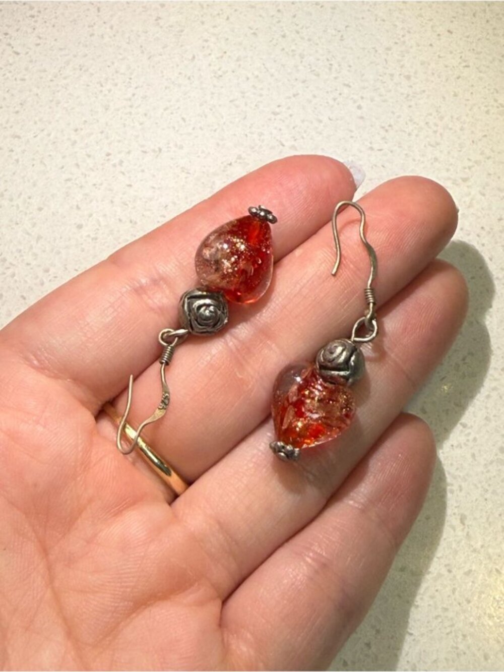 Vintage 925 Sterling Silver Dangle Earrings with Glass Heart and Rose Accent - Picture 3 of 4
